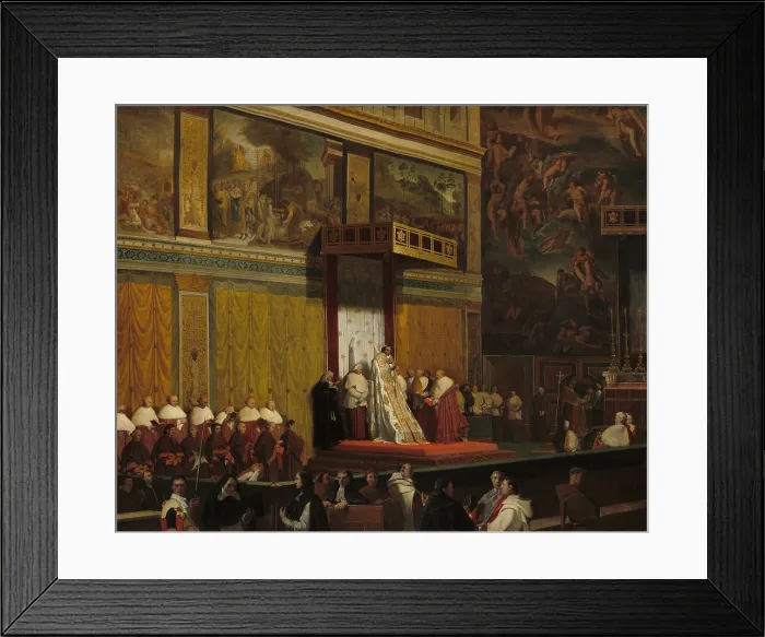 Framed Print : Pope Pius VII in the Sistine Chapel, by Jean-Auguste-Dominique Ingres, French painting, oil on canvas. Michelangelo's Last Judgment in right background