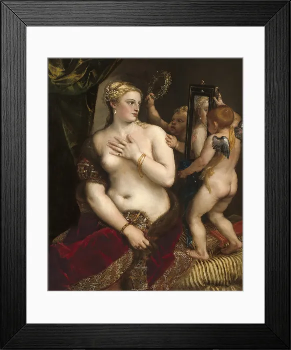 Framed Print : Venus with a Mirror, by Titian, c. 1555, Italian Renaissance painting, oil on canvas. The painting of the classical Goddess of Love was based on a Roman statue of Venus Framed Print : Venus with a Mirror, by Titian, c. 1555, Italian Renaissance painting, oil on canvas. The painting of the classical Goddess of Love was based on a Roman statue of Venus