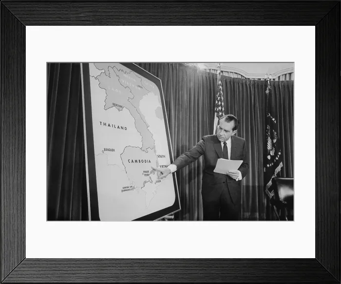 Framed Print : President Richard Nixon announcing the US invasion of Cambodia May 30 1970. Nationwide protests of the military escalation lead to the Kent State shootings on May 4 1970 Framed Print : President Richard Nixon announcing the US invasion of Cambodia May 30 1970. Nationwide protests of the military escalation lead to the Kent State shootings on May 4 1970