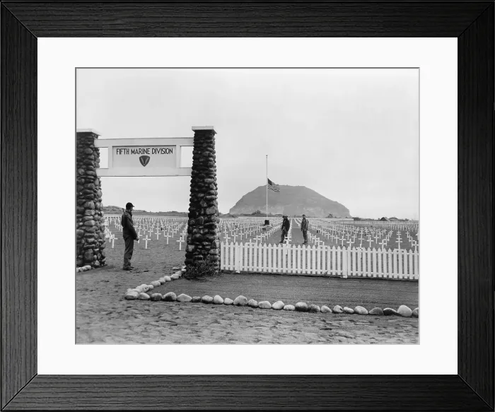 Framed Print : Iwo Jima in April 1945. Marine cemetery where U.S. Marines killed during the battle of Iwo Jima were buried