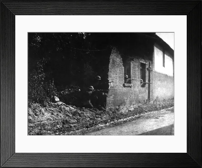Framed Print : World War I American sharpshooters fire from shelter behind a brick wall. 28th Infantry, Bonvillers, France. May 22, 1918 Framed Print : World War I American sharpshooters fire from shelter behind a brick wall. 28th Infantry, Bonvillers, France. May 22, 1918