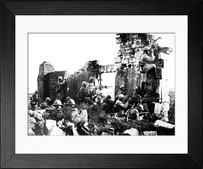 Framed Print : World War I French troopers under General Gouraud, driving back the Germans with their machine guns, from the shelter of cathedral ruins. 1918