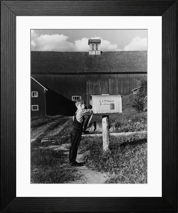 Framed Print : Boy reaching into the mailbox on the McNally farm in Kirby Vermont. September 1937. (BSLOC_2010_18_84) Framed Print : Boy reaching into the mailbox on the McNally farm in Kirby Vermont. September 1937. (BSLOC_2010_18_84)