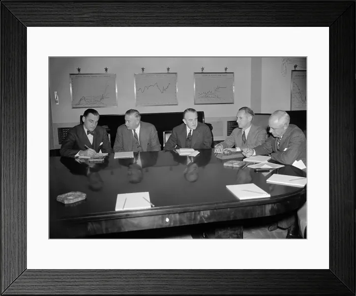 Framed Print : Board of Governors of the Federal Reserve System meeting to discuss the slump in the stock market during the double dip recession of 1937. Left to right M.S