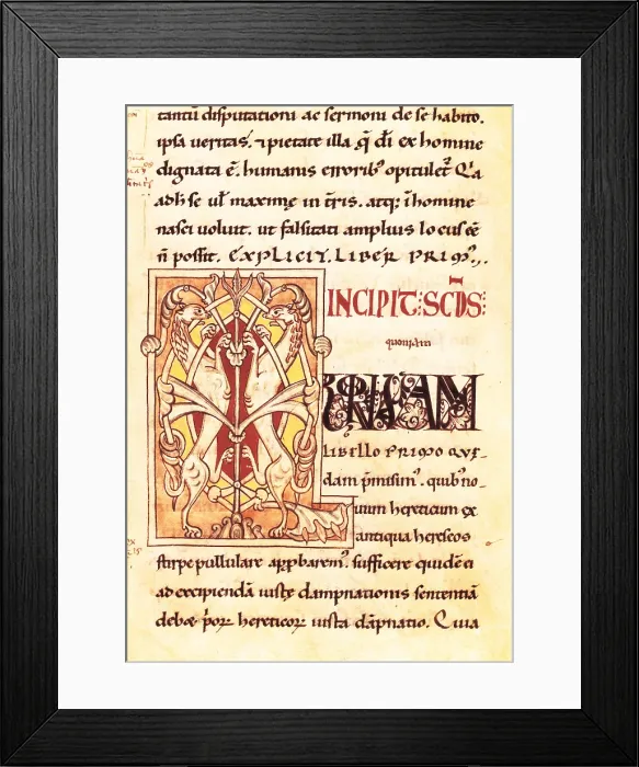 Framed Print : CASIANO, Juan (360-435). Oriental monk and ascetic monk. Page with miniature of 'De Incarnatione Domini contra Nestorium'. Manuscript of 12th c. Romanesque art