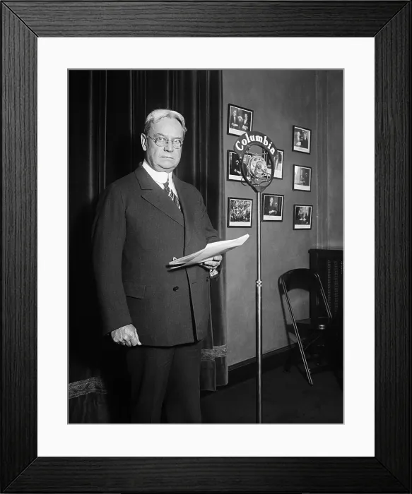 Framed Print : Senator Hiram Johnson at Columbia radio microphone. 1930. He was a Progressive Prebublican and supported the New Deal Framed Print : Senator Hiram Johnson at Columbia radio microphone. 1930. He was a Progressive Prebublican and supported the New Deal
