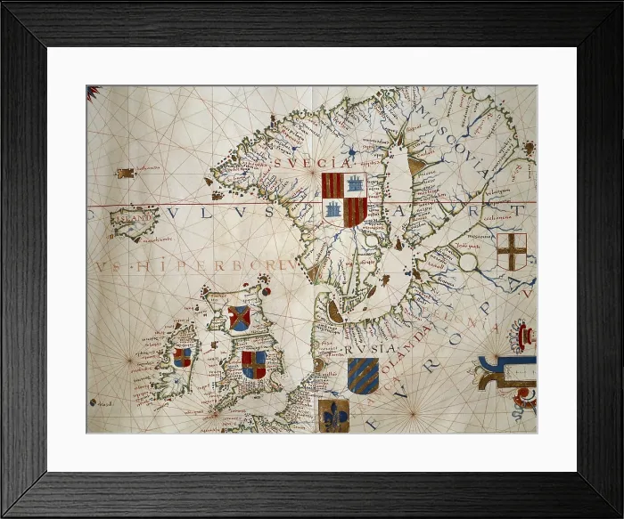 Framed Print : Atlas by Ferno Vaz Dourado, 1571. Chart 1: Northern Europe. Renaissance art. Miniature Painting. PORTUGAL. Lisbon. National Archive of the Tower of the Tombo