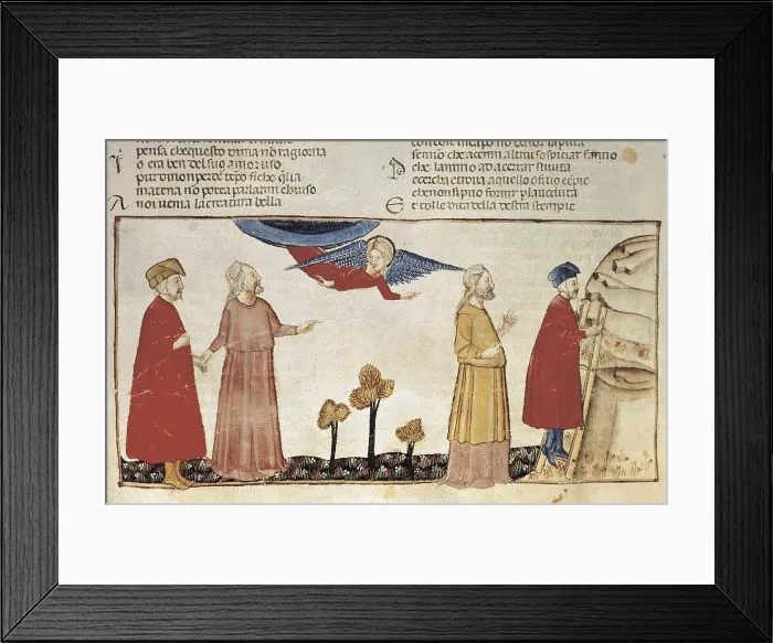 Framed Print : DANTE ALIGHIERI (1265-1321). The Divine Comedy. s.XIV. The Purgatory. Dante and Virgil in the staircase that leads to the gates of Hell. Gothic art. Miniature Painting. ITALY