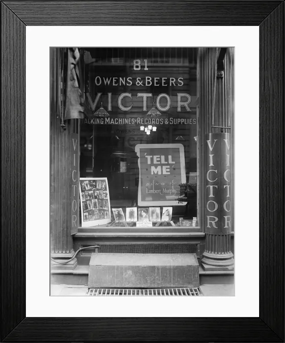 Framed Print : The window of the Victor record shop in New York City, advertised Talking Machines, Records & Supplies, and displayed photos of the top recording artists Framed Print : The window of the Victor record shop in New York City, advertised Talking Machines, Records & Supplies, and displayed photos of the top recording artists