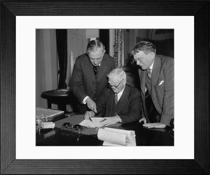 Framed Print : Vice President Garner signing a Neutrality Bill. Jan. 8, 1937. L-R: Sen. Tom Connally of Texas; Vice-President Garner; and Senator Kenneth McKellar of Tenn. (BSLOC_2013_6_215) Framed Print : Vice President Garner signing a Neutrality Bill. Jan. 8, 1937. L-R: Sen. Tom Connally of Texas; Vice-President Garner; and Senator Kenneth McKellar of Tenn. (BSLOC_2013_6_215)