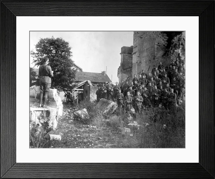 Framed Print : World War I American soldiers of the 101st Field Signal Battalion at services in the ruins of a church destroyed by shell fire. Verdun, France. Oct. 18, 1918
