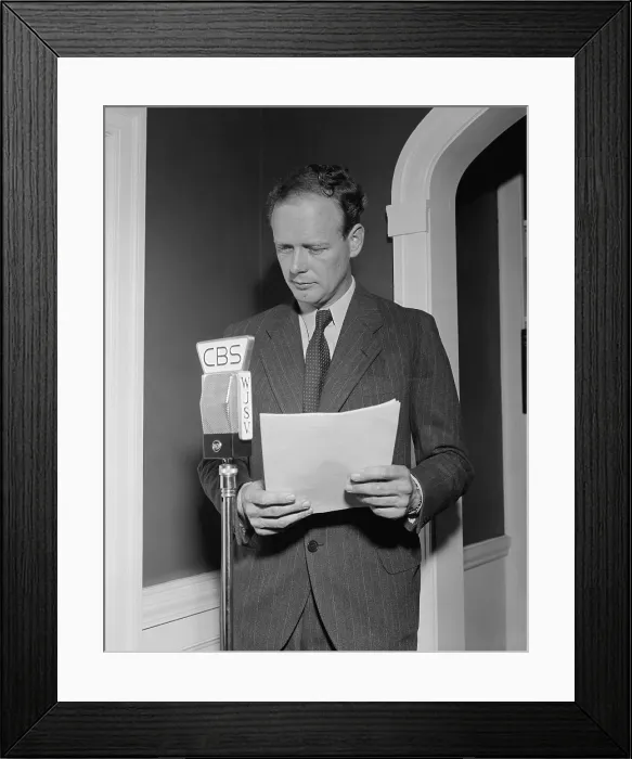 Framed Print : Charles Lindbergh speaking into a CBS microphone. Ca. 1940. Lindbergh was the star speaker of the isolationist America First Committee, founded in Sept Framed Print : Charles Lindbergh speaking into a CBS microphone. Ca. 1940. Lindbergh was the star speaker of the isolationist America First Committee, founded in Sept