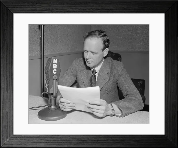 Framed Print : Charles Lindbergh speaking into a NBC microphone. Ca. 1940. Lindbergh began speaking publically against American involvement in the European War in Sept. 1939. (BSLOC_2013_6_203)