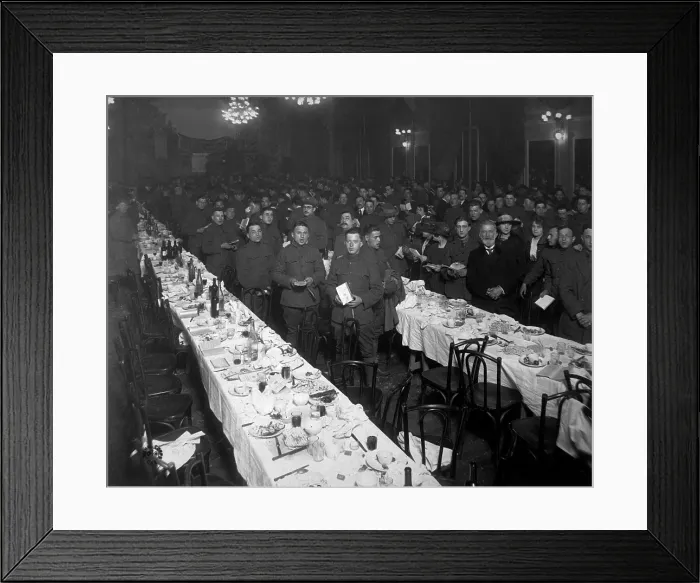 Framed Print : Passover Sedar Dinner given by Jewish Welfare Board to American service men. The men stand as they sing the The Star Spangled Banner. World War I. Paris, France
