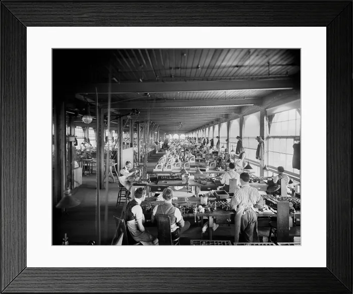 Framed Print : Assembling department, National Cash Register, Dayton, Ohio demonstrates mass production of precisely made complex products achieved during the 19th century
