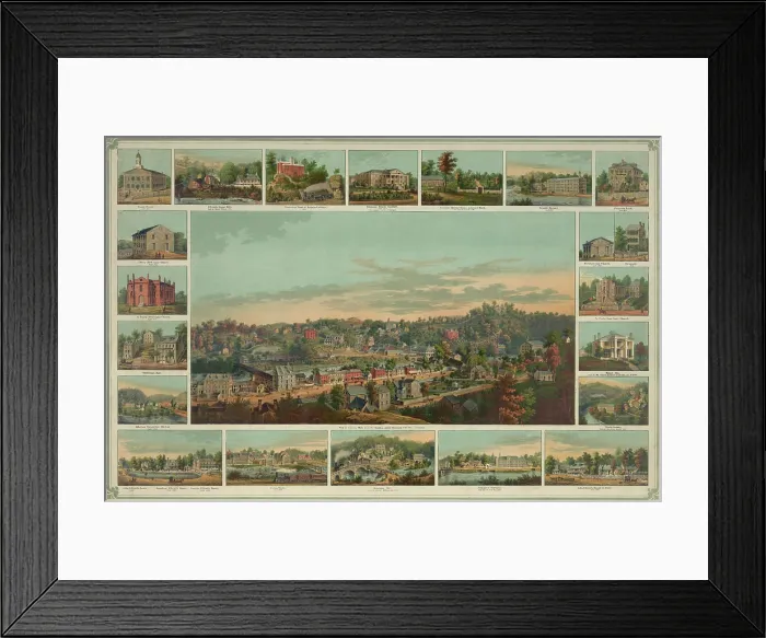 Framed Print : 1854 bird's eye view of Ellicotts Mills, Maryland, surrounded by small images of various buildings and factories in the town