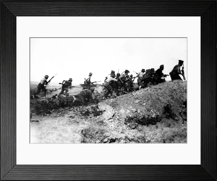 Framed Print : Australian World War I troops charging near a Turkish trench. When they got there, the Turks had retreated. Dardanelles Campaign, World War I. 1915 Framed Print : Australian World War I troops charging near a Turkish trench. When they got there, the Turks had retreated. Dardanelles Campaign, World War I. 1915
