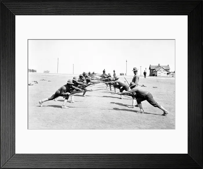 Framed Print : U.S. soldiers in bayonet fighting practice. Camp Bowie, Fort Worth, Texas. World War I. Ca. 1918