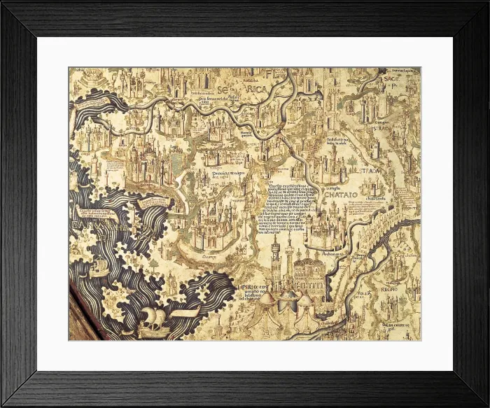 Framed Print : Fra Mauro ( -1460). Fra Mauro map. 1459. Detail with Asia and the Chinese Empire. The map is oriented with south at top. Miniature Painting. ITALY. Venice Framed Print : Fra Mauro ( -1460). Fra Mauro map. 1459. Detail with Asia and the Chinese Empire. The map is oriented with south at top. Miniature Painting. ITALY. Venice