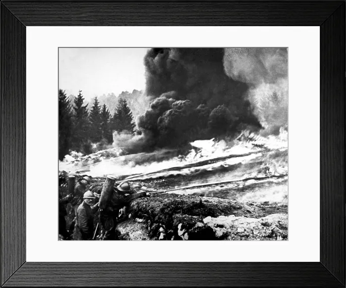 Framed Print : French soldiers using liquid fire in front line trenches. World War I flame throwers were first used by the Germans in Verdun in 1915 Framed Print : French soldiers using liquid fire in front line trenches. World War I flame throwers were first used by the Germans in Verdun in 1915