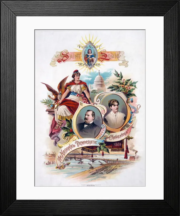 Framed Print : Incumbent Grover Cleveland and his popular young wife are pictured on an 1888 Democratic Convention poster