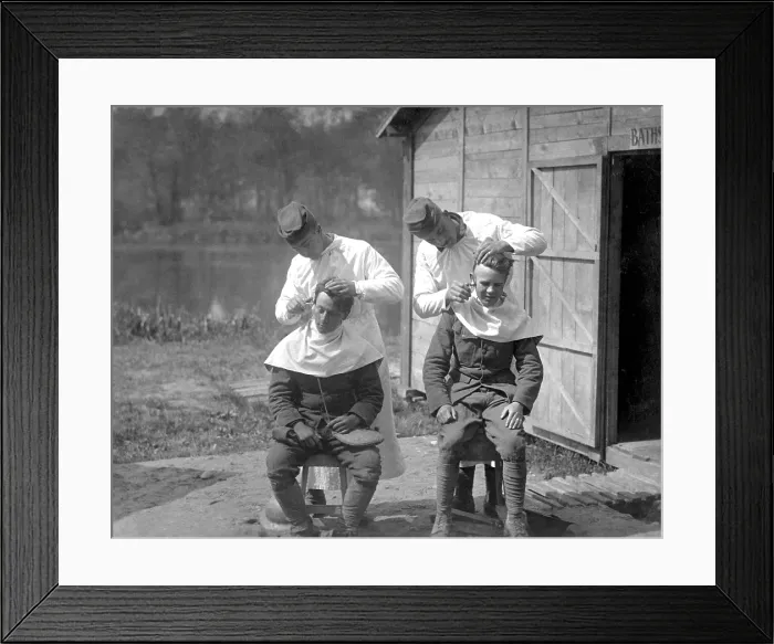 Framed Print : American soldiers get hair cuts at the 166th Field Hospital, Baccarat, France. World War I. May 15, 1918
