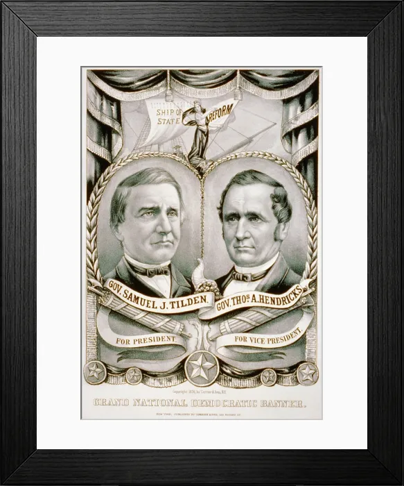 Framed Print : 1876 Grand National Democratic banner with candidates Samuel J. Tilden and Thomas A. Hendricks. The Tilden-Hendricks banner, states their campaign theme of federal reform Framed Print : 1876 Grand National Democratic banner with candidates Samuel J. Tilden and Thomas A. Hendricks. The Tilden-Hendricks banner, states their campaign theme of federal reform