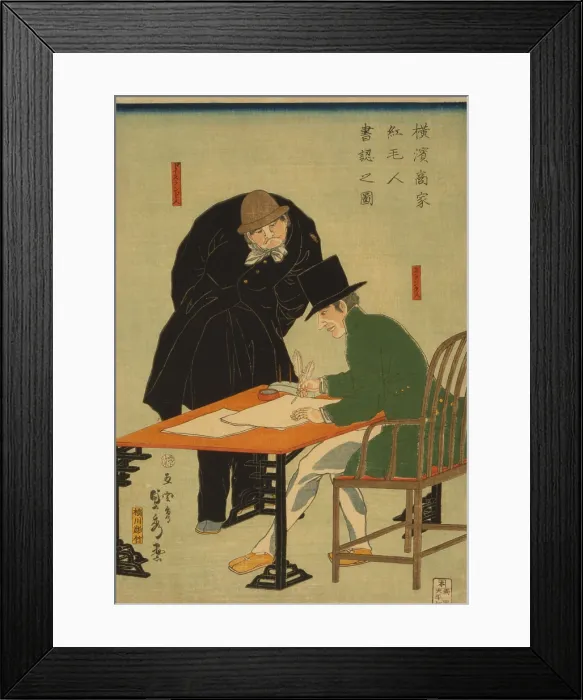 Framed Print : Dutch and German businessmen drafting a contract in a Yokohama mercantile house. 1861 Japanese woodcut by Sadahide Utagawa. (BSLOC_2010_18_62)