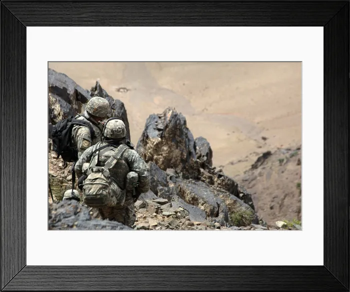 Framed Print : U.S. Army soldiers search mountains in the Andar province of Afghanistan for Taliban and weapons caches. June 6 2007. Photo by:Everett Collection(BSLOC_2011_6_51) Framed Print : U.S. Army soldiers search mountains in the Andar province of Afghanistan for Taliban and weapons caches. June 6 2007. Photo by:Everett Collection(BSLOC_2011_6_51)