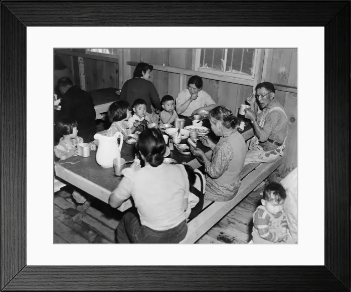 Framed Print : Multiple generations of Japanese Americans at meal time in the Manzanar Internment Camp barracks dining area