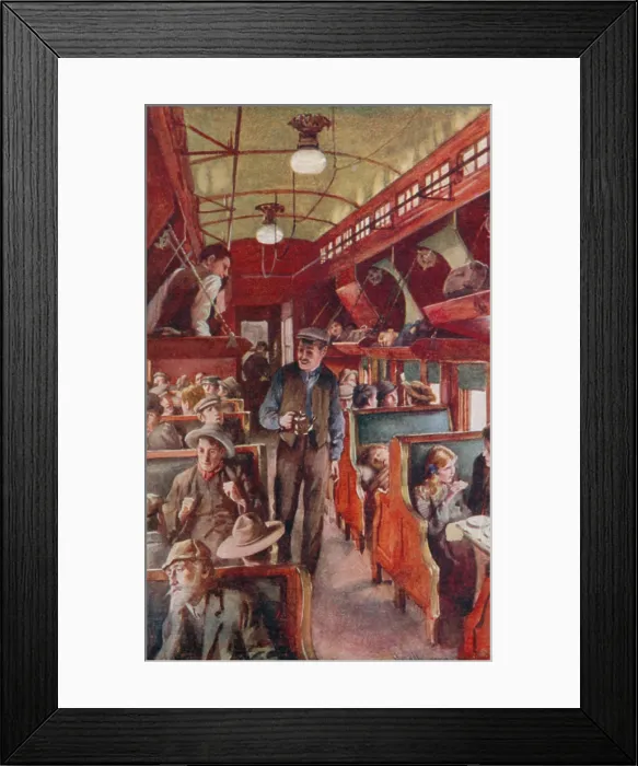 Framed Print : Travelers in a Pullman car crossing the plains of Canada. Ca. 1910. Some passengers sleep in the overhead berths during the daytime travel