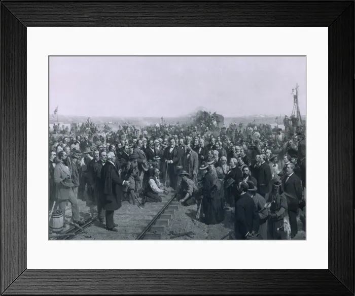 Framed Print : THE LAST SPIKE 1881 a painting by Thomas Hill depicts the ceremony held at Promontory Point Utah on May 10 1869 marking the completion of the transcontinental railroad