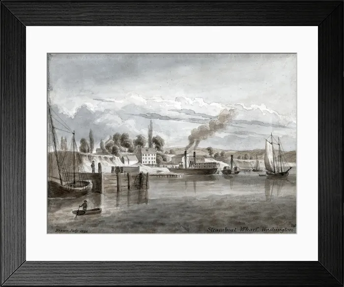 Framed Print : Washington, D.C. The steamboat wharf. Watercolor by Augustus Kollner. 1839