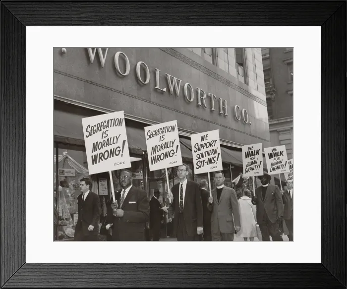 Framed Print : Ministers picket F.W. Woolworth store in New York City, on April 14, 1960, in protest of the store's lunch counter segregation at Southern branches in its chain Framed Print : Ministers picket F.W. Woolworth store in New York City, on April 14, 1960, in protest of the store's lunch counter segregation at Southern branches in its chain