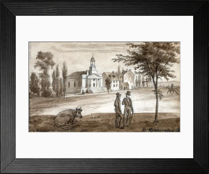 Framed Print : Washington DC. Pennsylvania Avenue, a view of the First Unitarian Church, designed by Charles Bulfinch. Watercolor by Augustus Kollner. 1839