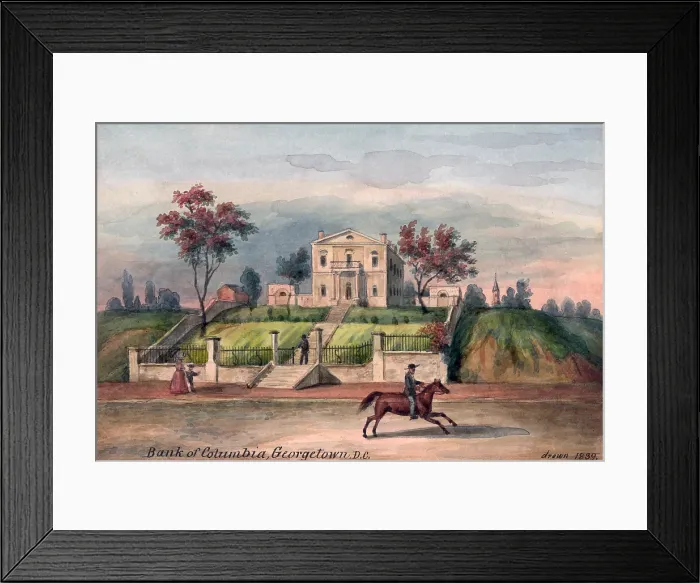 Framed Print : Washington, DC. Bank of Columbia, Georgetown. Watercolor by Augustus Kollner. 1839