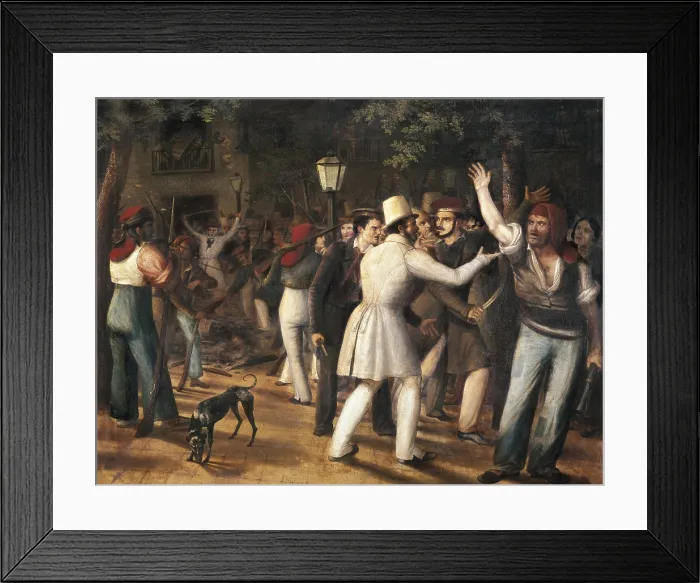 Framed Print : ARRAU, Jose (1802-1872). Muttiny of the Rambla. 19th c. Popular riot (5th August 1835). Oil on canvas. SPAIN. Barcelona. Barcelona City History Museum