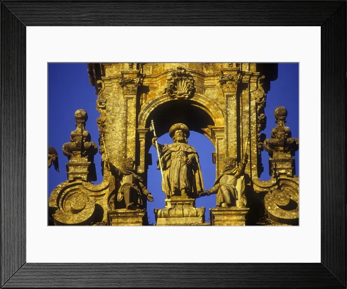 Framed Print : SPAIN. Santiago de Compostela. Cathedral of Santiago de Compostela. Sculpture of St. James the Apostle. Facade by Casas Novoa in Obradoiro square (18th c.). Baroque art