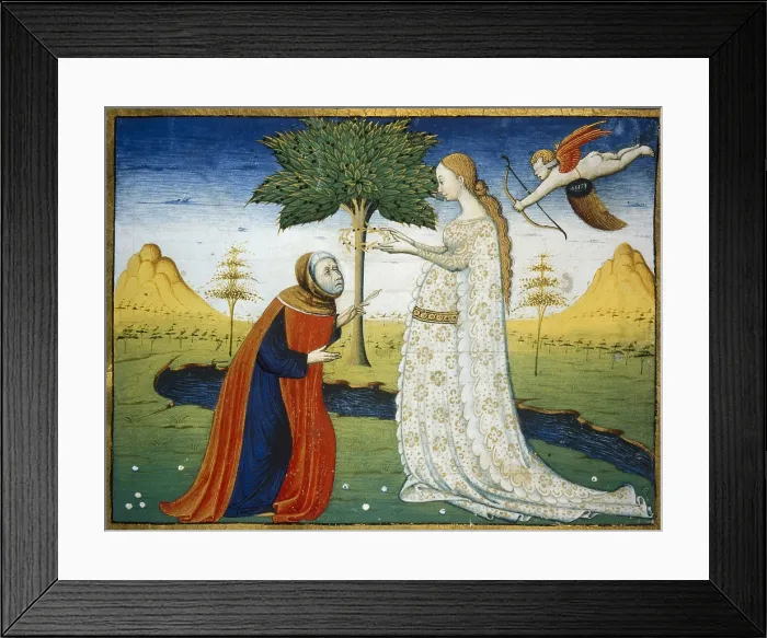 Framed Print : Miniature of Petrarca's songbook depicting Laura de Noves crowning the poet (15th c.). Renaissance art. Quattrocento. Florentine school. Miniature Painting. ITALY. Florence