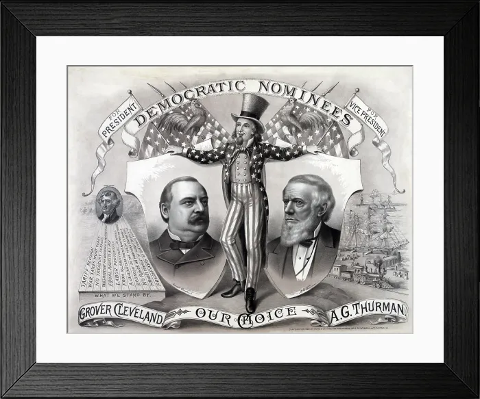 Framed Print : 1888 Democratic Presidential campaign poster showing Uncle Sam holds portraits of Grover Cleveland and A.G. Thurman