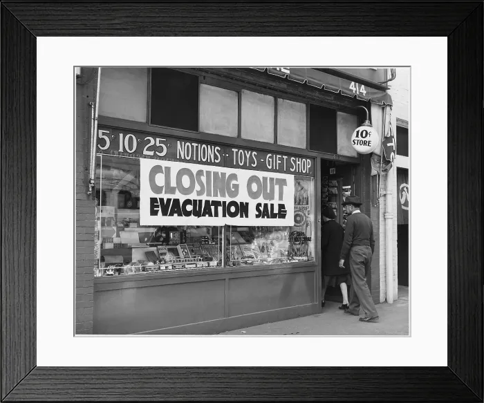 Framed Print : Evacuation Sale sign on a Japanese-American store in preparation for World War II relocation Framed Print : Evacuation Sale sign on a Japanese-American store in preparation for World War II relocation
