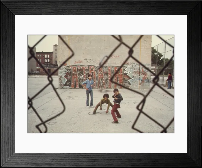 Framed Print : Three boys at play in Brooklyn's Lynch Park with Graffiti art spelling out A-Train. Ca. 1973-75 Framed Print : Three boys at play in Brooklyn's Lynch Park with Graffiti art spelling out A-Train. Ca. 1973-75