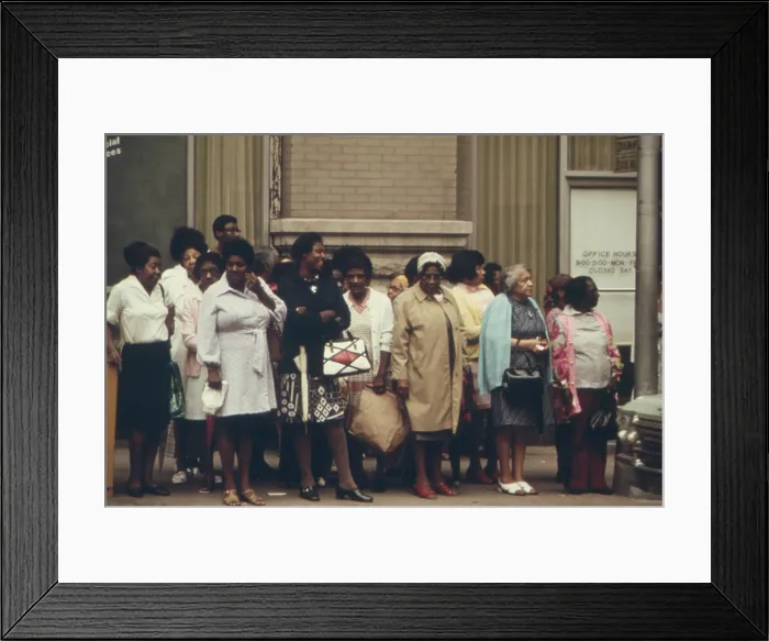 Framed Print : African Americans mostly women waiting for the city bus in Atlanta Georgia. Ca. 1975