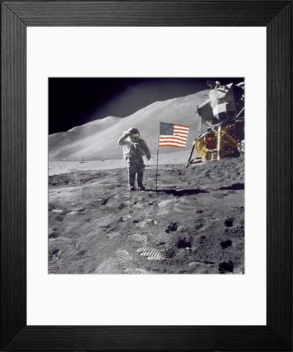 Framed Print : Apollo 15 Astronaut David Scott, gives a military salute to US flag on the Moon. July 30, 1971