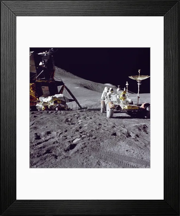 Framed Print : Apollo 15 astronaut James Irwin loads the Lunar Roving Vehicle with tools and equipment at the Hadley-Apennine landing site