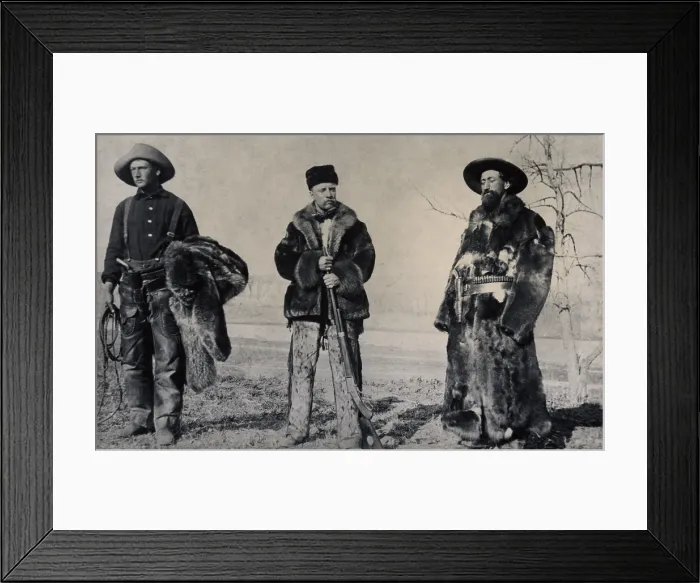 Framed Print : Young Theodore Roosevelt with two friends in North Dakota Territory. They are dressed in rustic furs and armed with rifles and revolvers. Ca. 1884-85 Framed Print : Young Theodore Roosevelt with two friends in North Dakota Territory. They are dressed in rustic furs and armed with rifles and revolvers. Ca. 1884-85