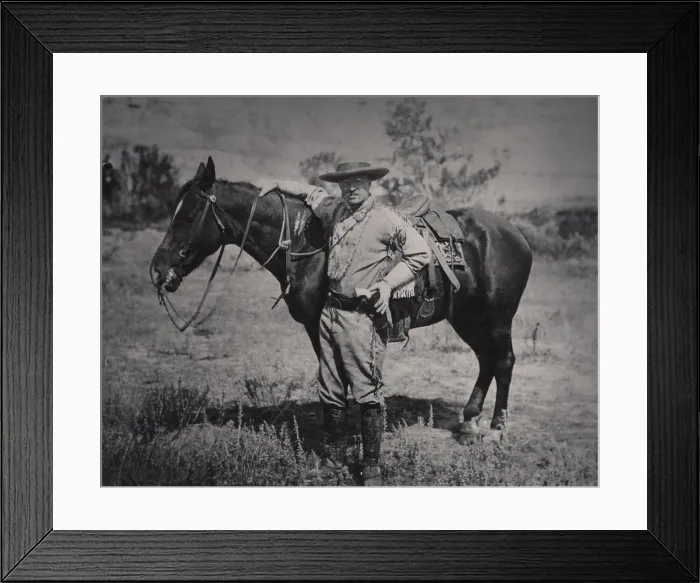 Framed Print : Young Theodore Roosevelt dressed in buckskins beside a horse in North Dakota. 1884-85 Framed Print : Young Theodore Roosevelt dressed in buckskins beside a horse in North Dakota. 1884-85