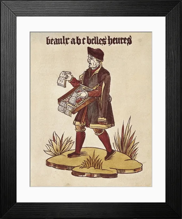 Framed Print : Beaulx abc belles heures. Book peddler. Belongs to the genre 'le Cris de Paris' that illustrates street vendors of Paris