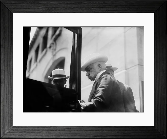 Framed Print : J.P. Morgan 1837-1913 American banker and financier entering a car. Ca. 1910