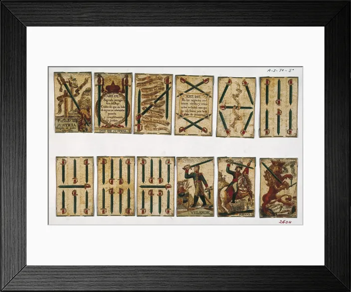 Framed Print : Spanish Civil War of 1820-1823. Pack of cards decorated with liberal and militar drawings: 1812 Constitution articles and portraits of generals Velarde and Riego. SPAIN. Madrid